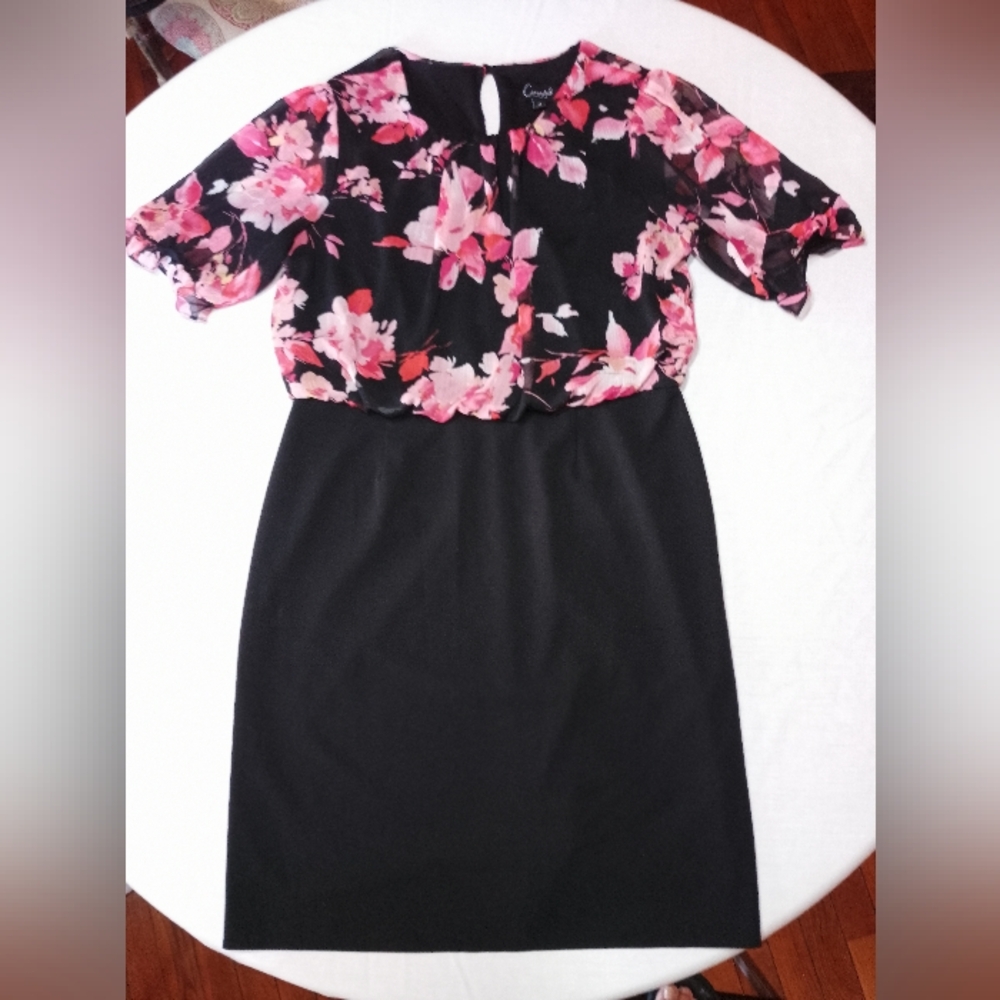 Connected Apparel Floral Short Sleeve Dress Button Back Neck Sheer Sleeves